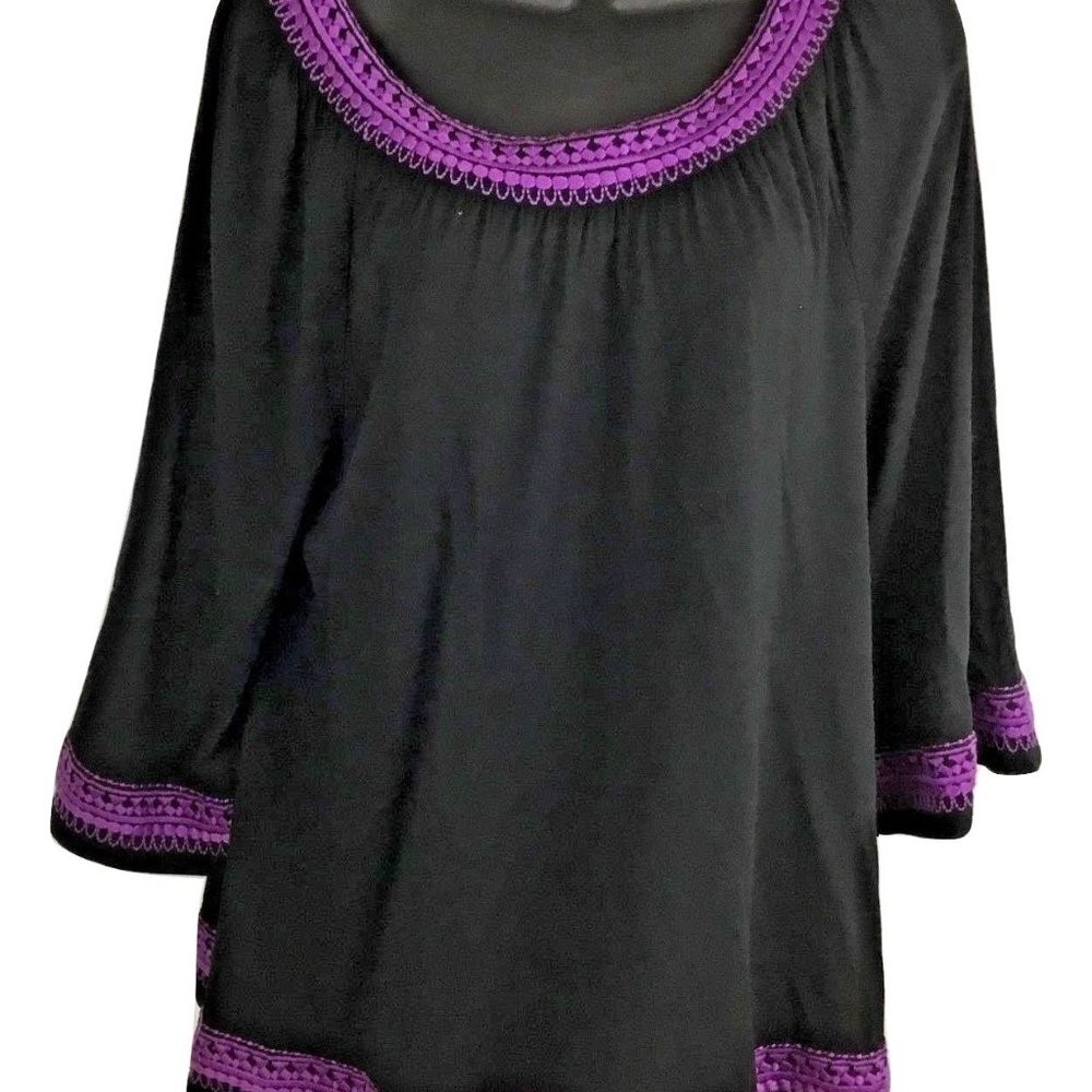 INC.INTERNATIONAL CONCEPTS Black w/Embroidered 3/4 Bell Sleeve Smock Sz XL GUC